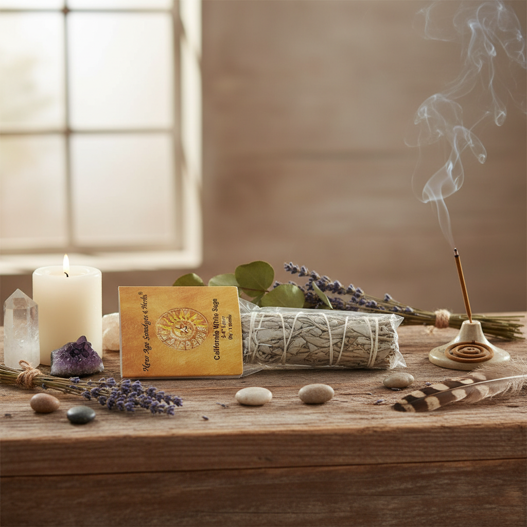 Create a highly detailed, cinematic studio image of a California White Sage Smudge Stick, 3-4 inches, artistically arranged on a rustic wooden altar adorned with natural elements like small stones, dried flowers, and feathers. Emphasize soft, diffused dayl