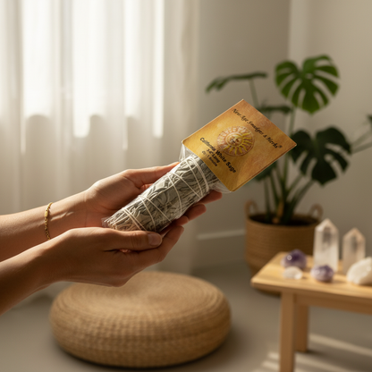 Design a vivid, lifestyle-oriented scene capturing a spiritual practitioner or healer in a serene, modern meditation space holding a California White Sage Smudge Stick, 3-4 inches. The scene is illuminated by soft, natural daylight filtering through sheer 