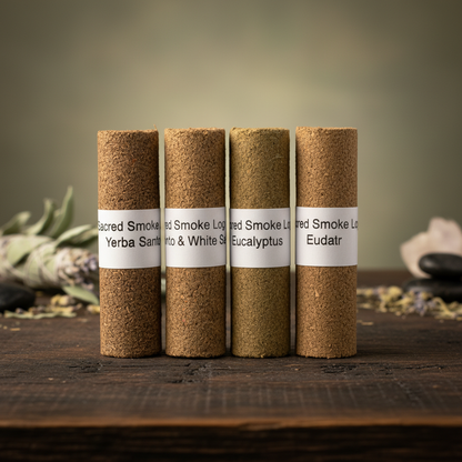 A cinematic, high-resolution studio shot of the Sacred Logs, Set of 4, 4 Inches, arranged in a symmetrical formation on a dark, textured wooden surface. The logs are illuminating softly with warm, ambient lighting from diffused daylight studio lights, crea