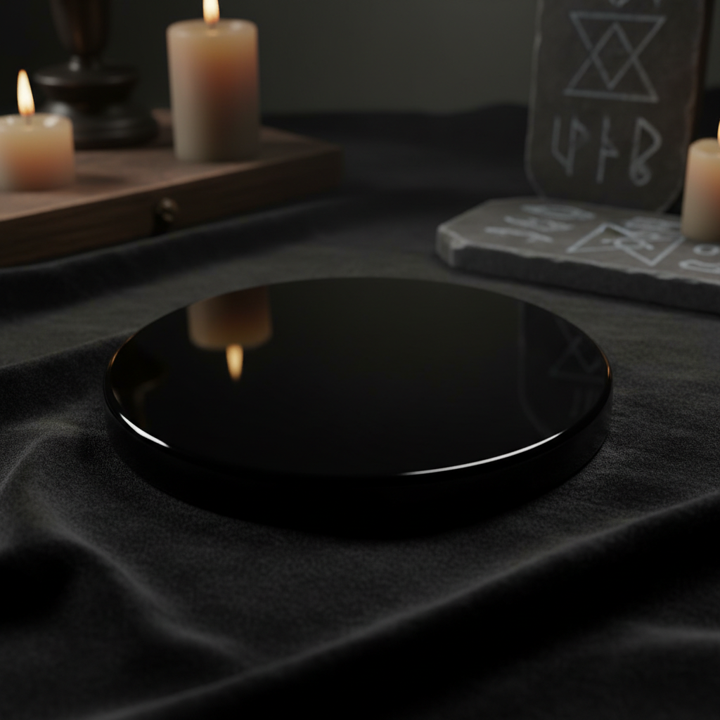 Create a cinematic studio shot of an 8-inch Black Obsidian Scrying Mirror, capturing its glossy volcanic glass texture with a high-definition macro lens. Utilize a softbox lighting setup to produce gentle, even illumination that highlights the mirror's dee