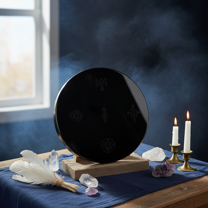 Depict a mystical scene where the 8-inch Black Obsidian Scrying Mirror is gracefully mounted on a rustic wooden altar, bathed in diffused daylight from a nearby window, creating a soft, natural glow. Use an HDR studio lighting style to accentuate the mirro