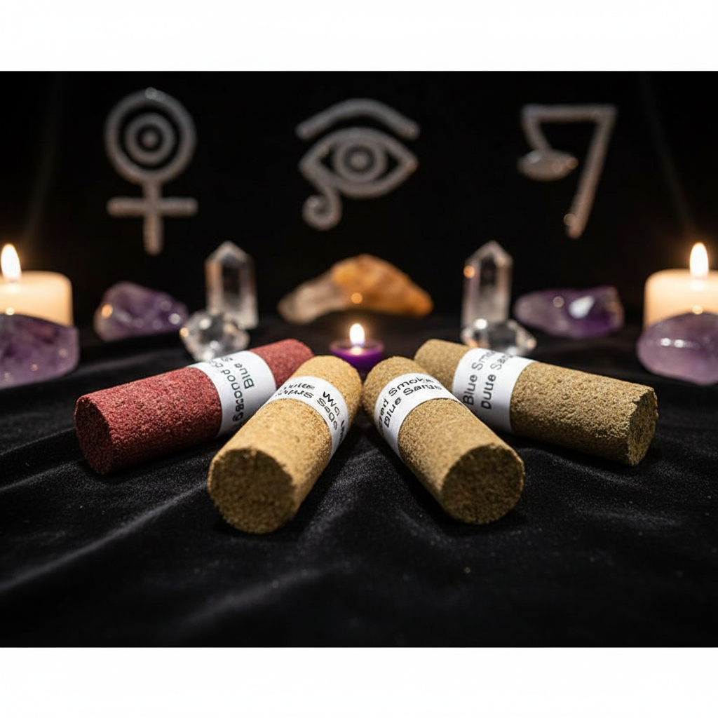 Capture a close-up, cinematic shot of the 4 Inch Sacred Logs set arranged in a ritualistic formation on a dark velvet cloth, illuminated by softbox lighting to highlight their textured, handcrafted surfaces. Use a macro lens with a shallow depth of field (