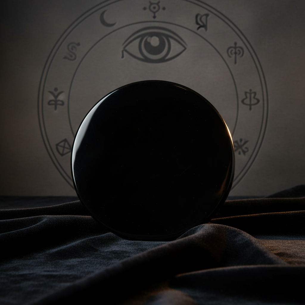 Create a cinematic, high-resolution studio scene featuring the Black Obsidian Scrying Mirror, 5 inches, illuminated by softbox lighting that highlights its deep, glossy surface. Use a slightly elevated, front-facing camera angle with a 50mm focal length to