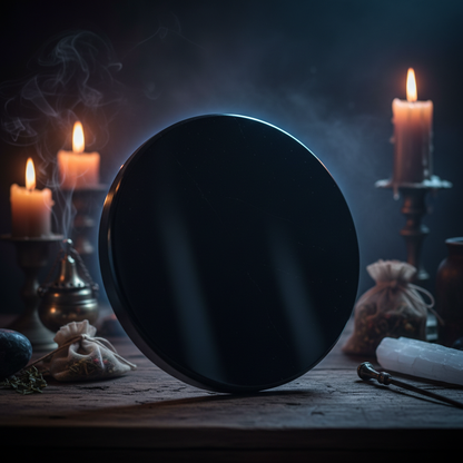 Set a dramatic, mystic scene with the Black Obsidian Scrying Mirror, 4 inches, positioned on a weathered altar table in a dimly lit, enchanted chamber. Use a rim light focused along the mirror’s edges to create a halo effect that accentuates its depth and 