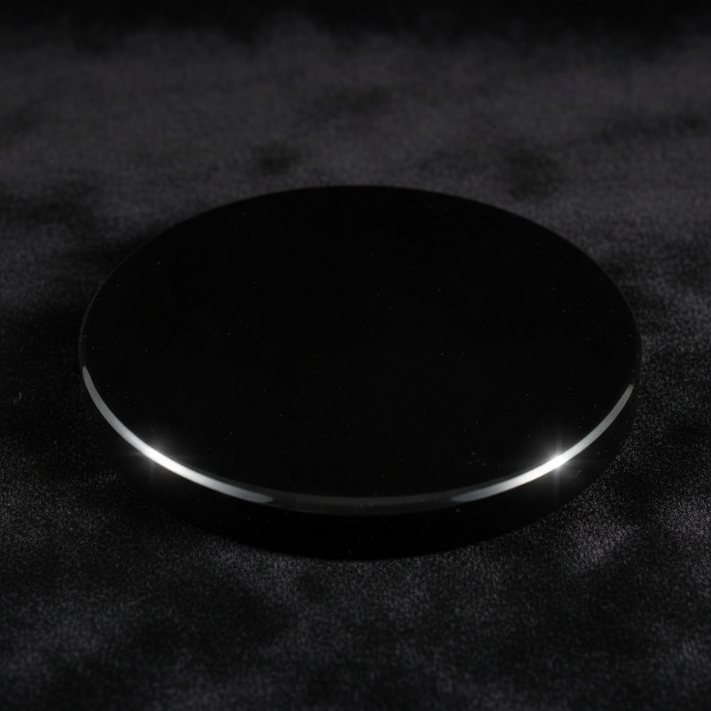 Capture a close-up, highly detailed shot of the Black Obsidian Scrying Mirror, 3-inch size, using a softbox lighting setup to highlight the smooth, polished surface of the obsidian. The mirror is centered in the frame, with a subtle shallow depth of field 