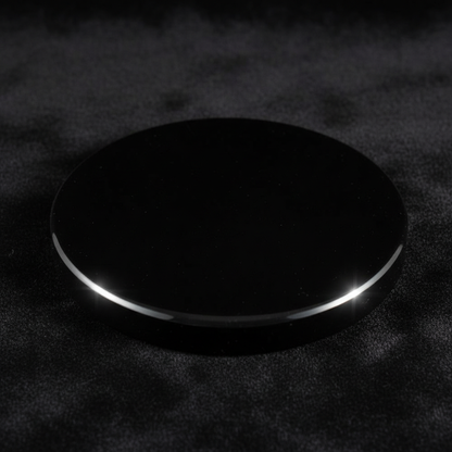 Capture a close-up, highly detailed shot of the Black Obsidian Scrying Mirror, 3-inch size, using a softbox lighting setup to highlight the smooth, polished surface of the obsidian. The mirror is centered in the frame, with a subtle shallow depth of field 