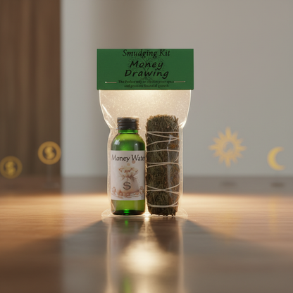 Capture a cinematic, studio-shot of the Money Drawing Smudge Kit set, displayed on a minimalist, elegant wooden surface illuminated by softbox lighting that creates a warm, inviting glow. Use a macro lens to highlight the intricate textures of the sage, pa