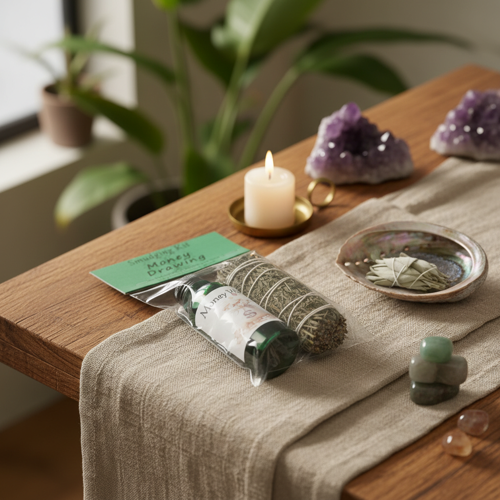 Depict a spiritual, lifestyle environment with the Money Drawing Smudge Kit arranged on a serene altar table draped in muted, earth-toned fabrics. Use HDR studio lighting to accentuate the calm, peaceful mood, and specify a slightly high-angle shot to enco