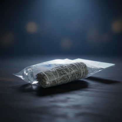 Create a cinematic studio shot of the Holy Water Smudging Kit, displayed on a refined dark wood surface with subtle reflections, under softbox lighting that highlights the transparent holy water bottles with intricate embossed patterns and the rustic sage 