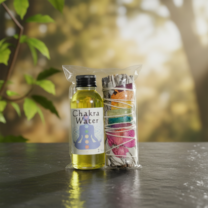 Create a high-resolution, cinematic studio scene showcasing the Chakra Cleansing Smudge Kit, set against a serene, softly blurred natural background with hints of lush greenery and gentle sunlight filtering through trees. The kit is elegantly arranged on a