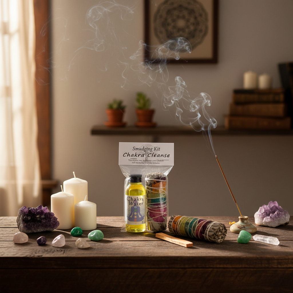 Design a vibrant, magazine-style lifestyle scene with the Chakra Cleansing Smudge Kit artfully arranged on a rustic wooden altar or table set in a softly lit, cozy meditation space. Use diffused daylight to create a natural, inviting glow that enhances the