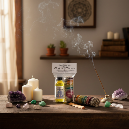 Design a vibrant, magazine-style lifestyle scene with the Chakra Cleansing Smudge Kit artfully arranged on a rustic wooden altar or table set in a softly lit, cozy meditation space. Use diffused daylight to create a natural, inviting glow that enhances the