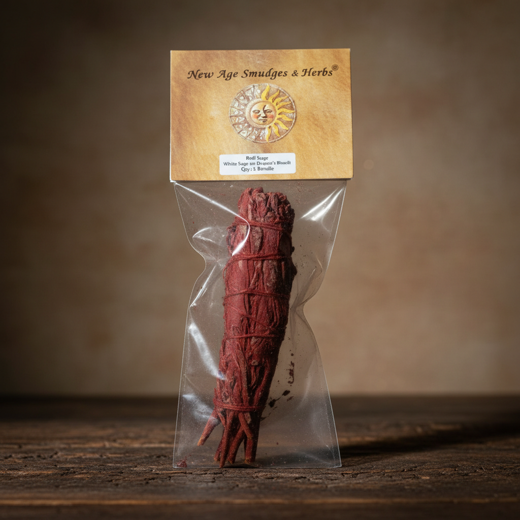 Create a cinematic, high-resolution studio image of a White Sage and Dragon's Blood Smudge Stick, measuring 5-6 inches, positioned upright on a dark wooden surface with a subtle textured backdrop to evoke a sense of sacred ritual. Use HDR softbox lighting 