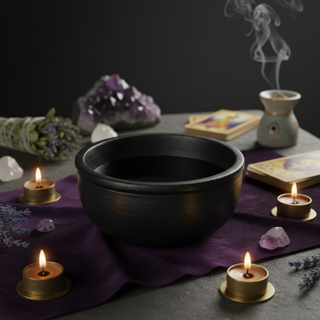 Create a lush, mystic lifestyle scene featuring the Black Stone Scrying Bowl, 4 Inch, set on a dark velvet cloth within a softly lit, candlelit altar space. Employ soft, diffused daylight-inspired studio lighting to evoke an intimate, sacred mood, with fli