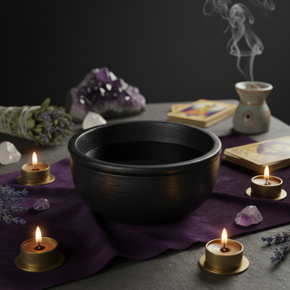 Create a lush, mystic lifestyle scene featuring the Black Stone Scrying Bowl, 4 Inch, set on a dark velvet cloth within a softly lit, candlelit altar space. Employ soft, diffused daylight-inspired studio lighting to evoke an intimate, sacred mood, with fli