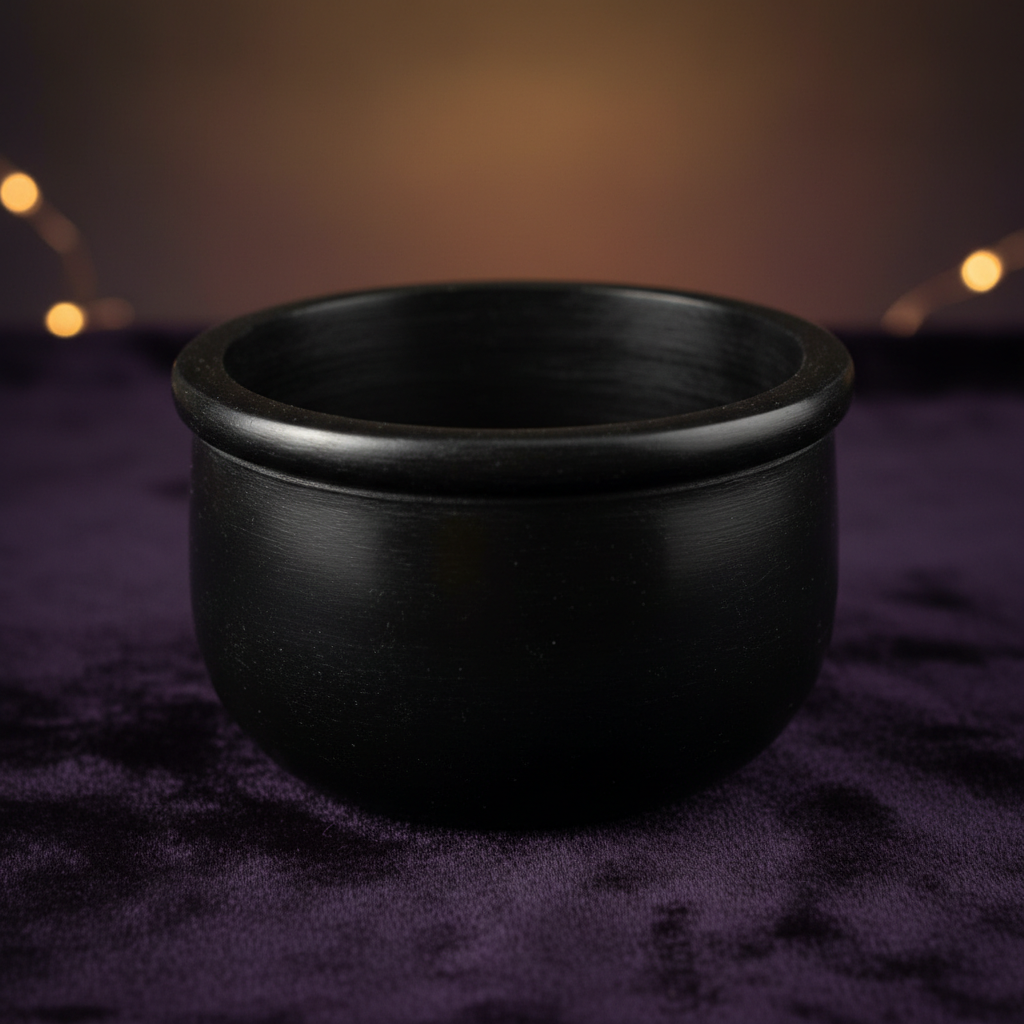 Capture a close-up shot of the Black Stone Scrying Bowl positioned on a dark velvet cloth, illuminated with softbox lighting to emphasize its smooth, polished surface and intricate natural textures of the black stone. The camera is set at a slightly elevat