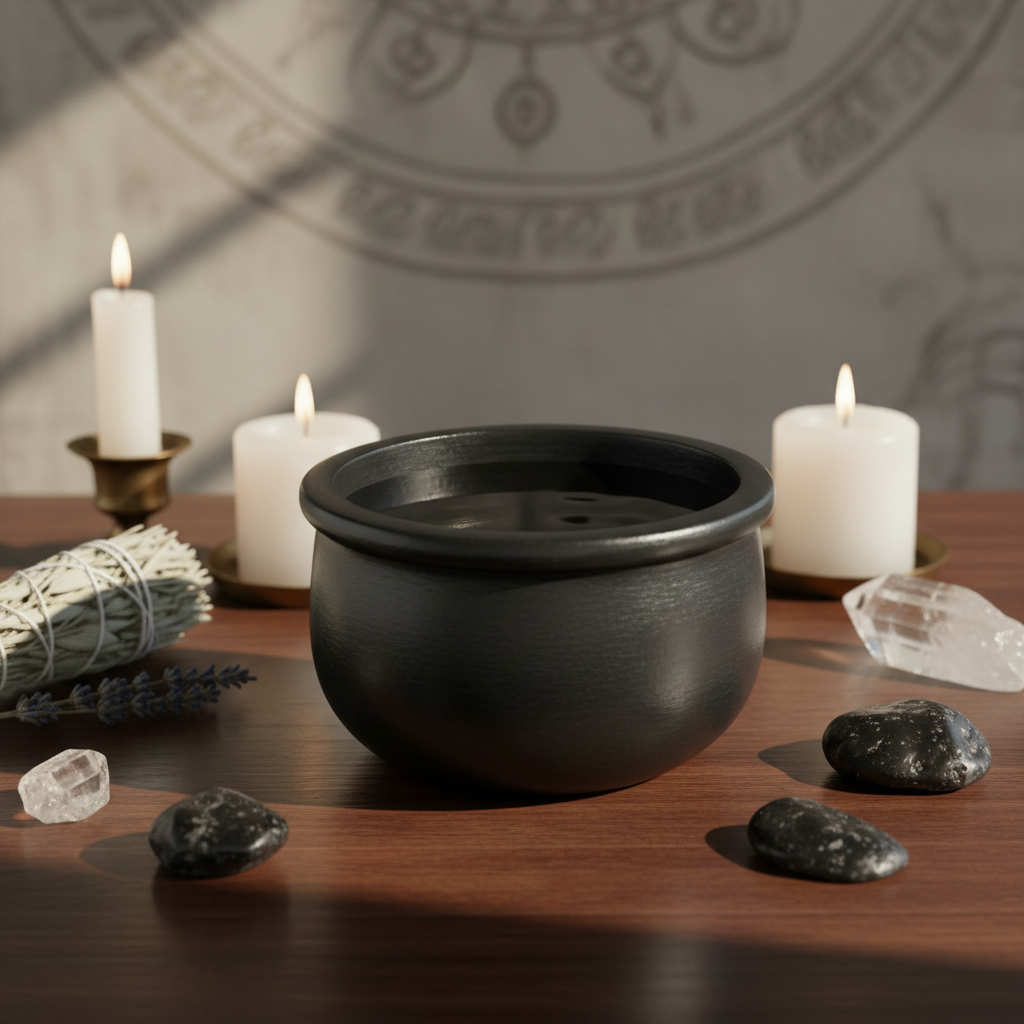 Display the Black Stone Scrying Bowl in a serene, spiritual setting, placed on a polished wooden altar with elements like dried herbs, candles, and crystals arranged around it. Use diffused daylight studio lighting to cast a gentle glow, creating soft shad