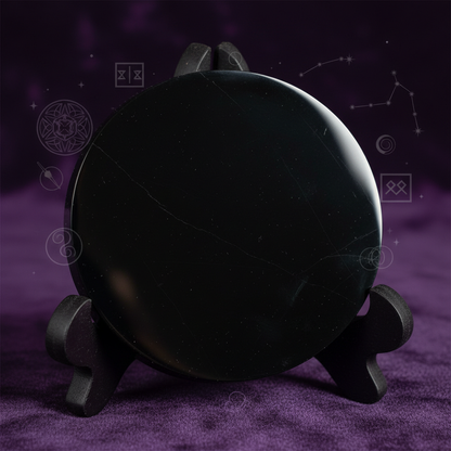 Create a highly detailed, cinematic studio shot of the Black Obsidian Scrying Mirror with Stand, 8 cm, positioned at a slight angle to showcase both the reflective surface and the elegant stand. Use a softbox lighting setup to produce a gentle, diffused gl