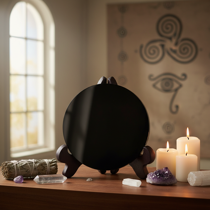 Design an atmospheric, lifestyle-oriented image of the Black Obsidian Scrying Mirror with Stand in a serene, sacred ritual space. The mirror is centrally placed on a wooden altar, illuminated by natural diffused daylight streaming through a nearby window, 
