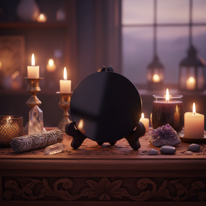 Generate a vivid lifestyle scene in a softly lit, elegantly styled metaphysical practitioner's ritual space, featuring the Black Obsidian Scrying Mirror with Stand, 6cm. Capture the mirror placed on an ornate wooden altar surrounded by candles, sage bundle