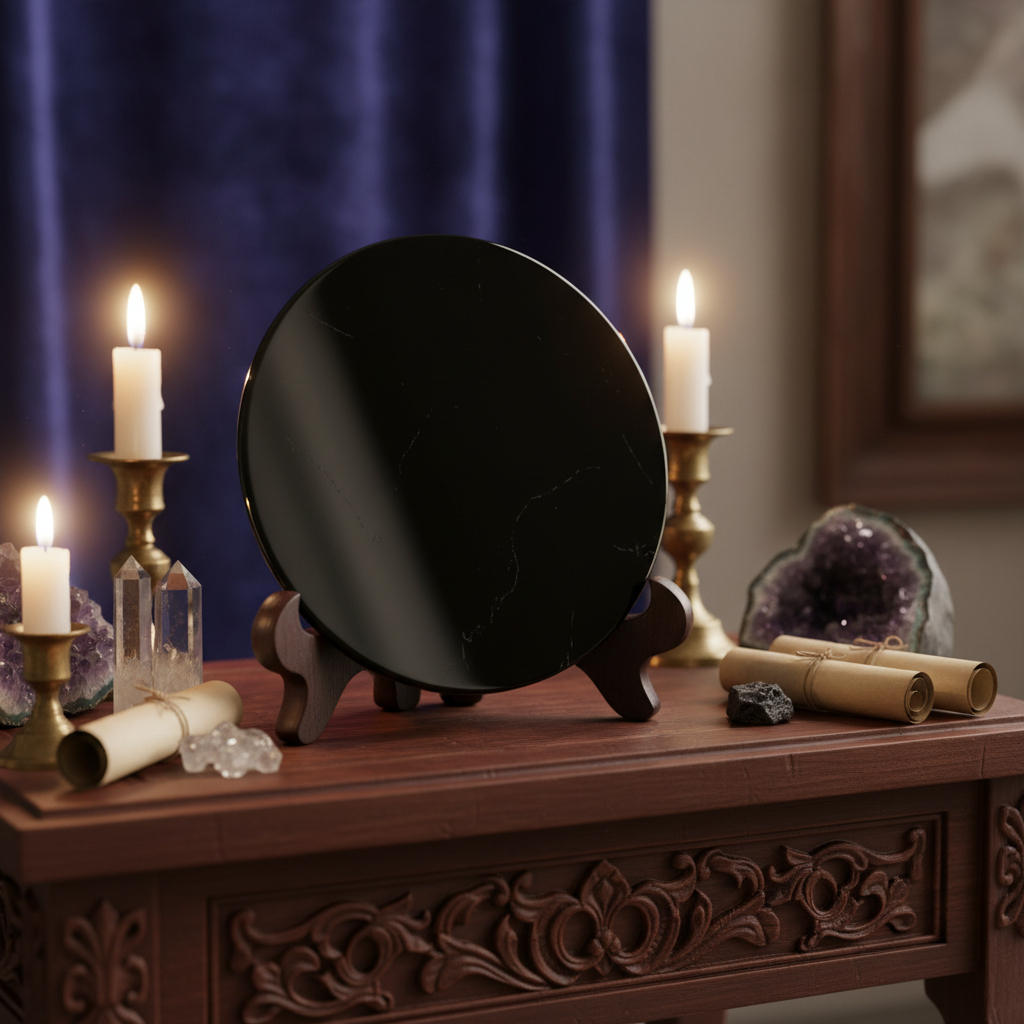 Generate a mystical lifestyle scene showcasing the Black Obsidian Scrying Mirror, 10cm, placed on an ornate wooden altar amidst a softly blurred indoor setting. Use HDR studio lighting with diffused daylight for a warm, inviting glow that accentuates the m