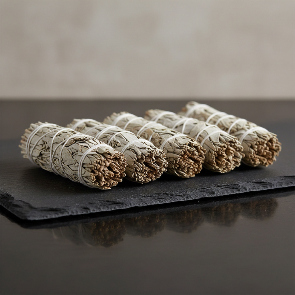Capture a high-resolution, professional studio shot of a set of six white sage smudge sticks arranged elegantly on a dark, matte surface to emphasize their natural textures and organic form. Use softbox lighting to create gentle, diffused light that highli