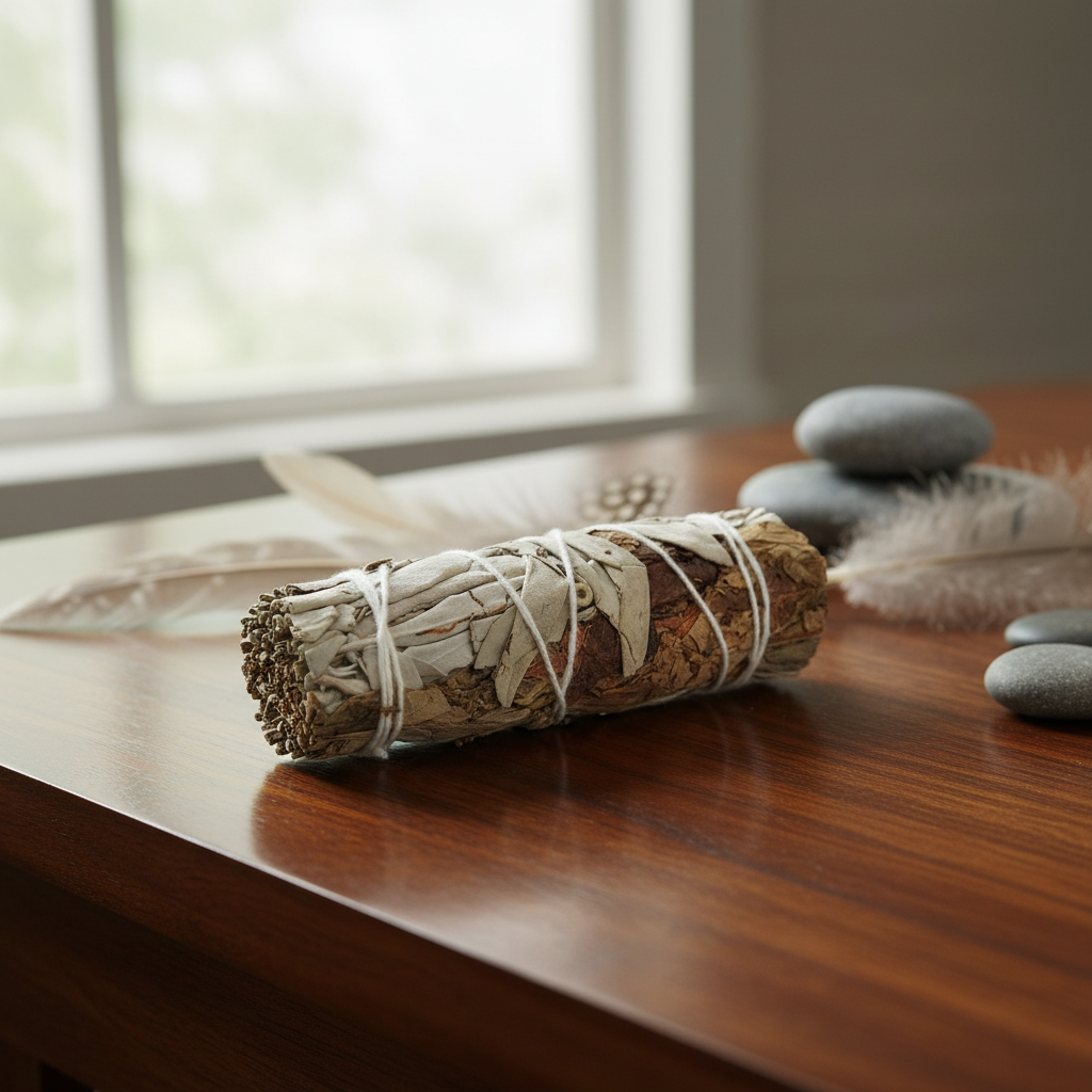 Capture a high-resolution studio shot of a 4-inch White Sage & Patchouli Smudge Stick placed gracefully on a polished wooden altar, bathed in soft, diffused daylight from a large window. Use a shallow depth of field with a macro lens (f/2.8) to emphasize t