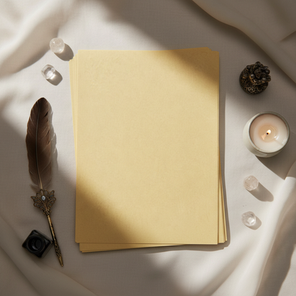 Capture an elegant, mystical studio scene showcasing 'Light Parchment by AzureGreen' in a serene, softly lit environment. The scene features a top-down view of a neatly arranged 500-pack of lightweight parchment paper, with subtle, diffuse daylight illumin