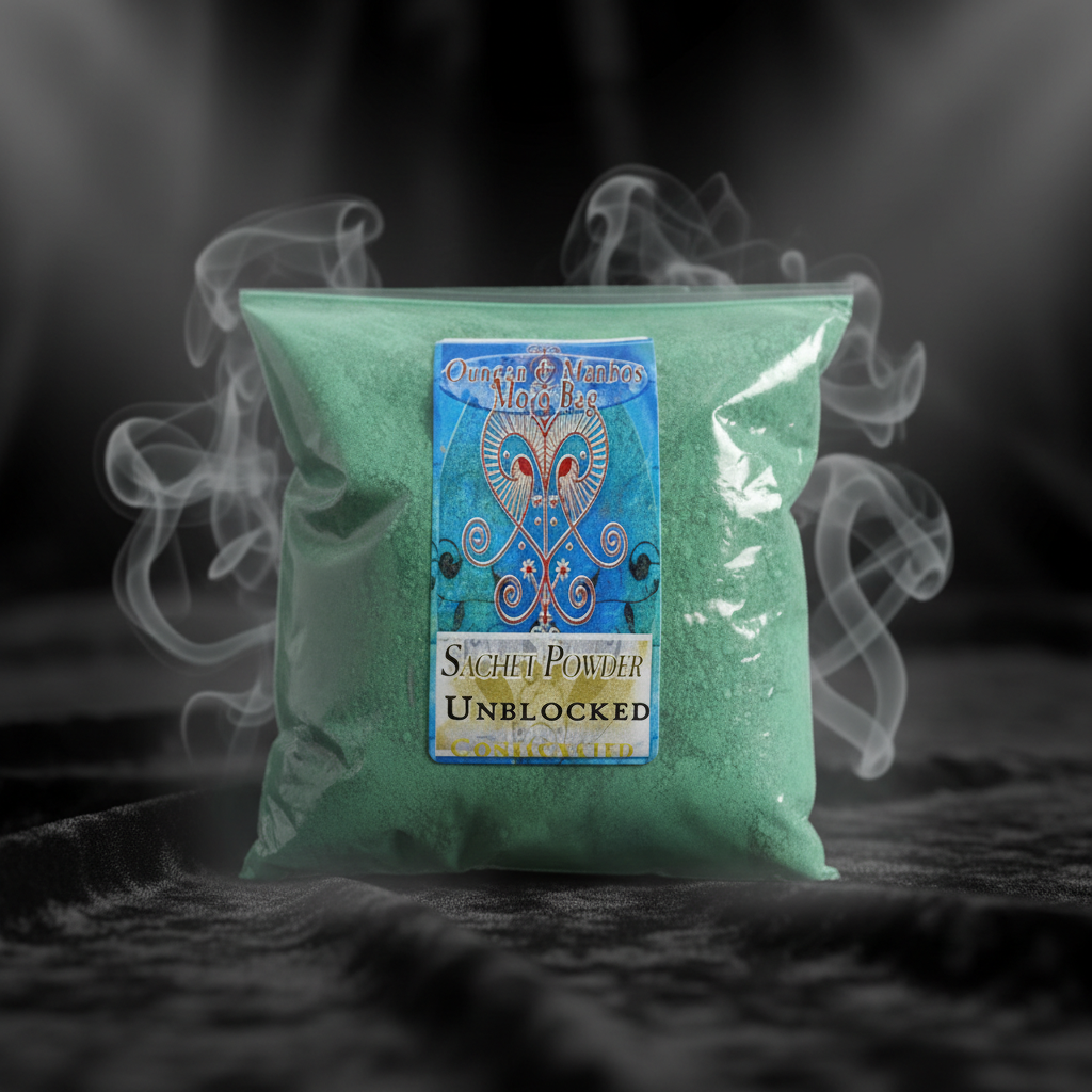 Create a cinematic studio shot of the 'Unblocker Sachet Powder, Consecrated, 1 Pound' positioned centrally on a dark, textured velvet cloth background, illuminated by softbox lighting that highlights its matte, granular texture with subtle shimmering effec