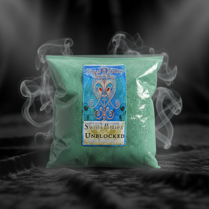 Create a cinematic studio shot of the 'Unblocker Sachet Powder, Consecrated, 1 Pound' positioned centrally on a dark, textured velvet cloth background, illuminated by softbox lighting that highlights its matte, granular texture with subtle shimmering effec
