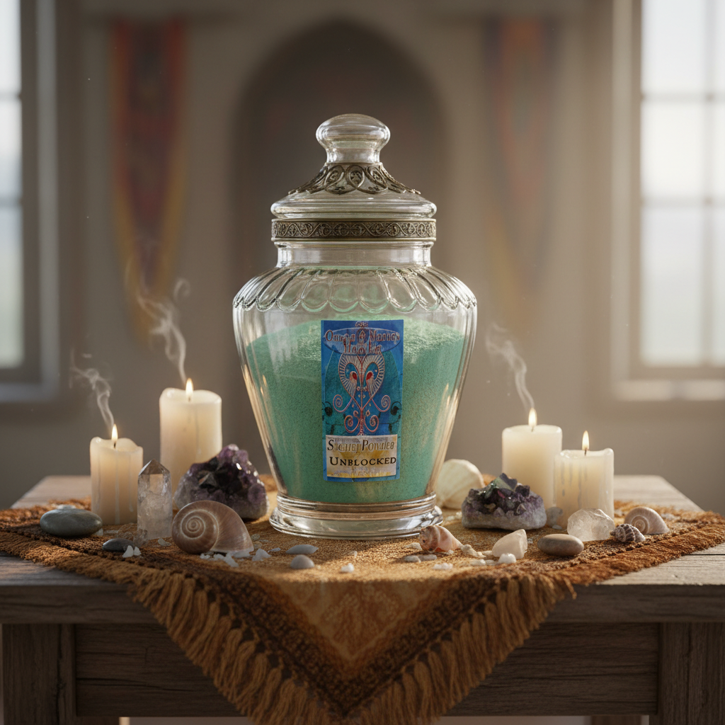 Design a serene, ritualistic setting with the 'Unblocker Sachet Powder, Consecrated, 1 Pound' displayed in an ornate, antique-intended glass jar, set on a wooden altar table draped with an earth-toned, textured cloth. Use HDR studio lighting to produce a s
