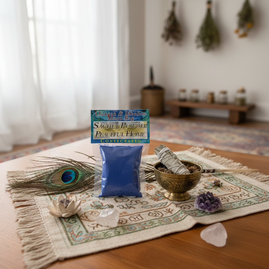 Depict a mystical, lifestyle scene of a sacred ritual space bathed in gentle, natural daylight filtering through sheer curtains. Use a wide-angle lens (50mm) with a soft focus and a focus stacking technique to showcase the sachet within an intentional arra