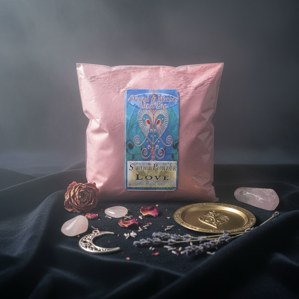 Create a captivating, high-resolution studio shot of the 'Consecrated Love Sachet Powder, 1 lb' on a mystical, dark velvet cloth background illuminated by soft diffused daylight, with a focus on the textured, fine powder in a clear glass jar. Use rim light
