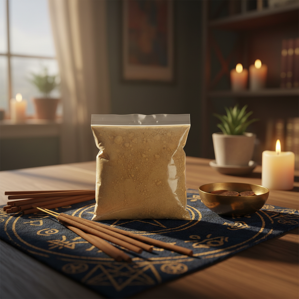 Generate a vibrant lifestyle scene featuring the Fast Luck Sachet Powder as the central focus, styled on a sacred altar in a cozy, dimly lit room during the evening. Capture the product in close-up with a macro lens, framing the sachet powder container ami
