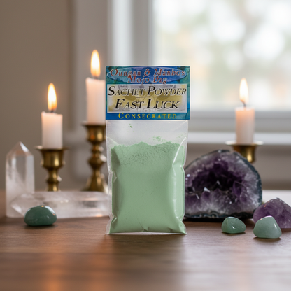 Capture a close-up, studio shot of the 'Fast Luck Sachet Powder Consecrated, 0.5 oz', expertly lit with softbox lighting to emphasize its fine, textured powder and intricate packaging details. Use a macro lens with a 100mm focal length, shallow depth of fi