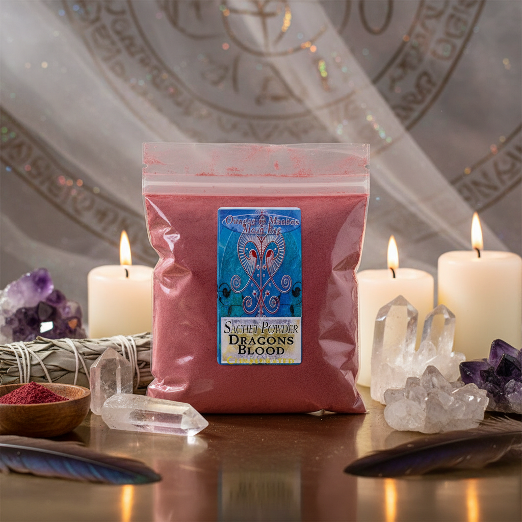 Illustrate a dramatic, cinematic shot of a Dragon's Blood Sachet Powder jar placed on an elegant ritual altar. The environment is styled with ambient, diffused daylight filtered through a semi-transparent, mystical backdrop. Use HDR studio lighting to enha