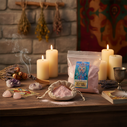 An elegant lifestyle scene presenting the 'Come to Me Sachet Powder' arranged thoughtfully on a rustic altar adorned with candles, crystals, and ritual tools in a softly lit ambient setting. The image is shot with an HDR studio light setup from a slightly 
