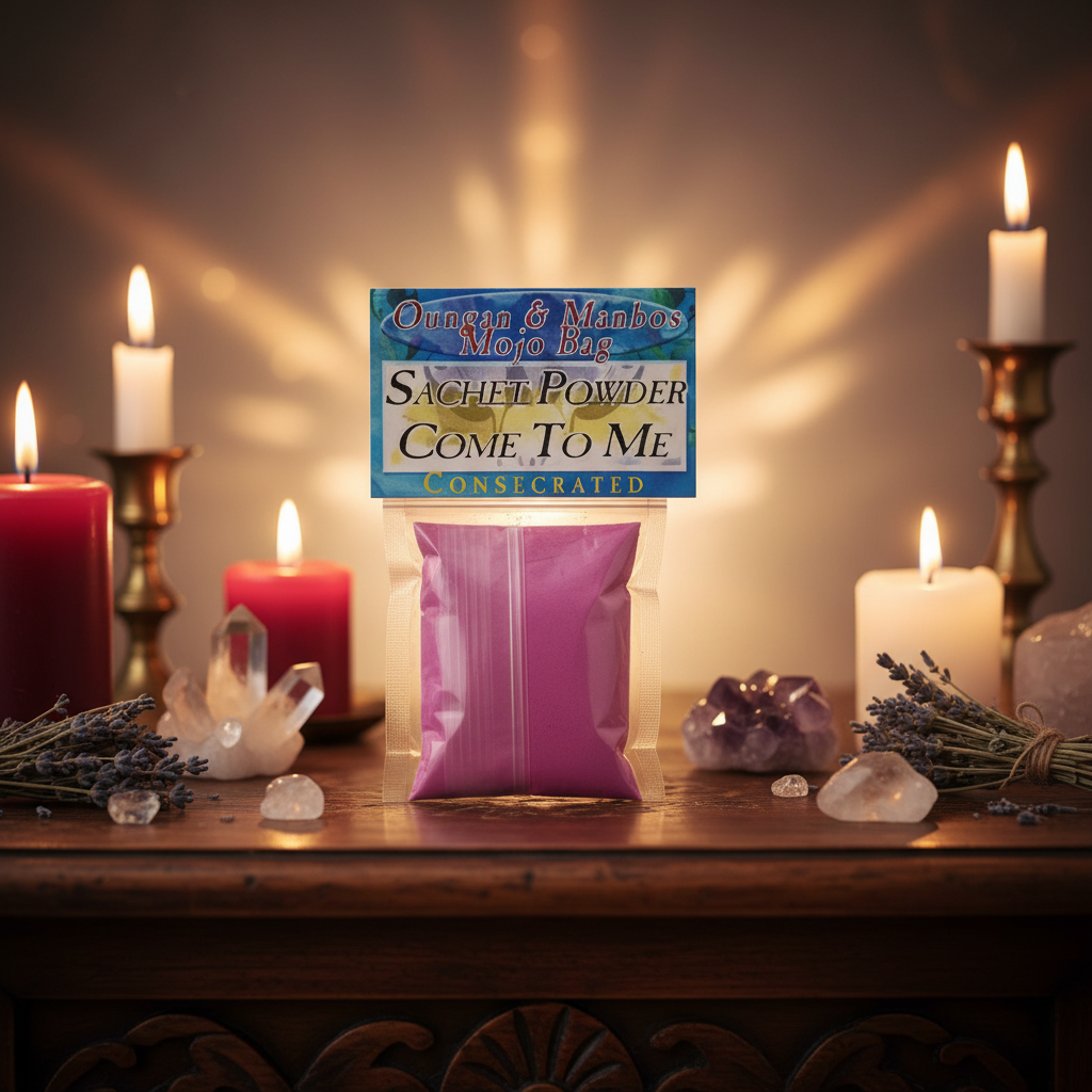 Create a highly detailed, cinematic studio image of the 'Come to Me Sachet Powder, 0.5 oz', displayed in an intimate ritual setting. Use a softbox lighting setup to produce gentle, warm illumination that emphasizes the fine, textured powder in a small, tra