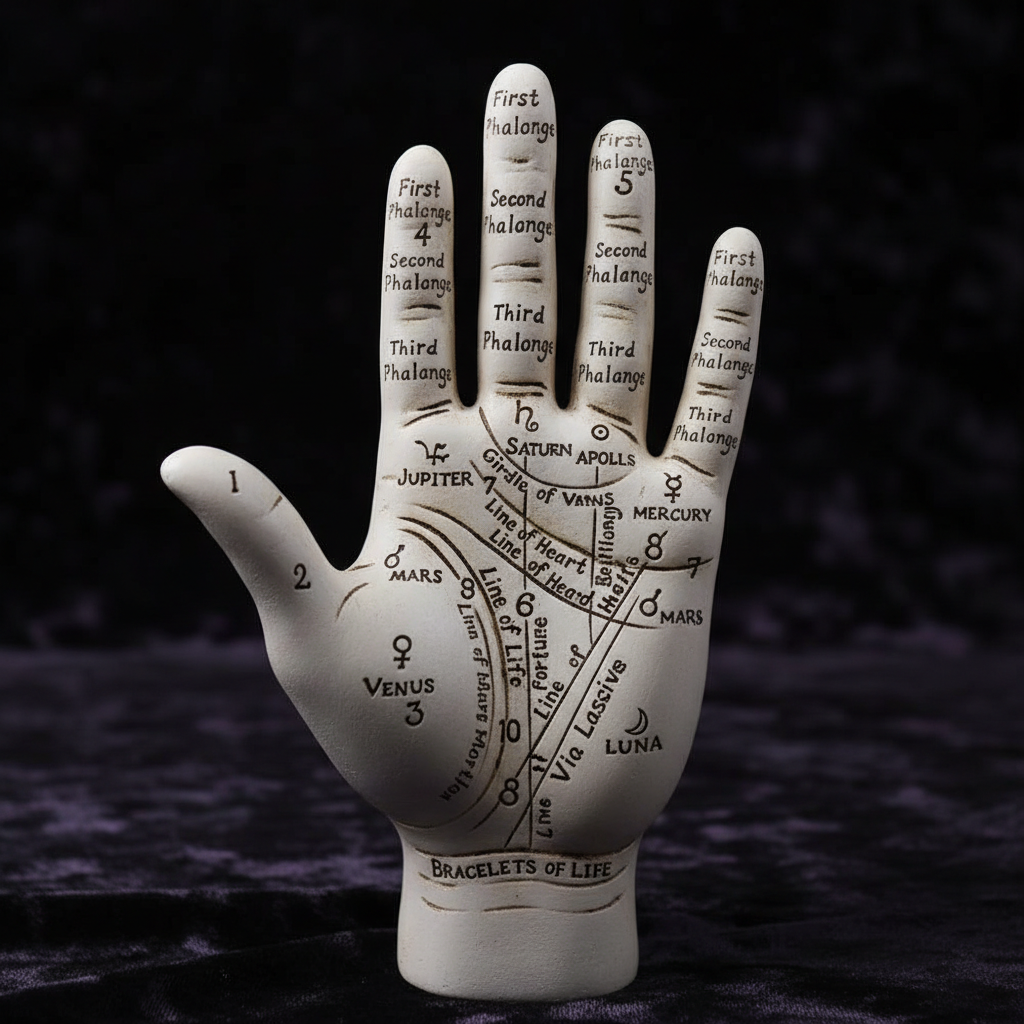 Capture a highly detailed, cinematic studio shot of a large palmistry hand statue, measuring 9.5 inches, illuminated by a softbox light that enhances its intricate textures and carved lines. The camera is positioned at a slight top-down angle with a 50mm f