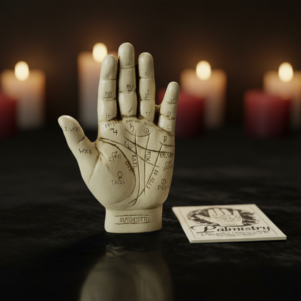 Create a highly detailed, cinematic studio portrait of a palmistry hand, measuring 5 inches, expertly illuminated with softbox lighting to highlight the intricate lines and textured surface of the hand. Capture the subject from a slightly elevated angle, f