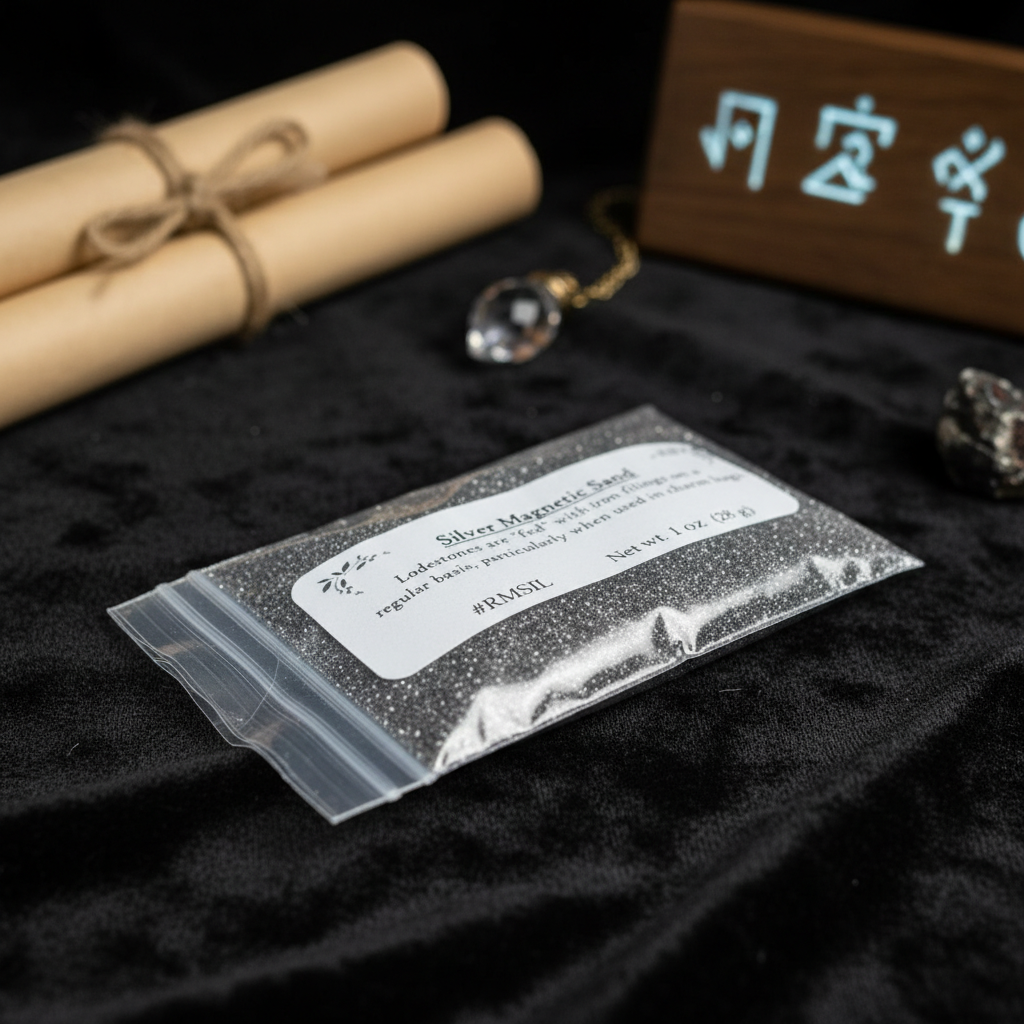 Capture a close-up, high-resolution shot of the Silver Magnetic Sand in a mystical, enchanted laboratory setting. Use softbox lighting to create a gentle, diffused glow that highlights the shimmering metallic particles of the sand. The scene is shot from a