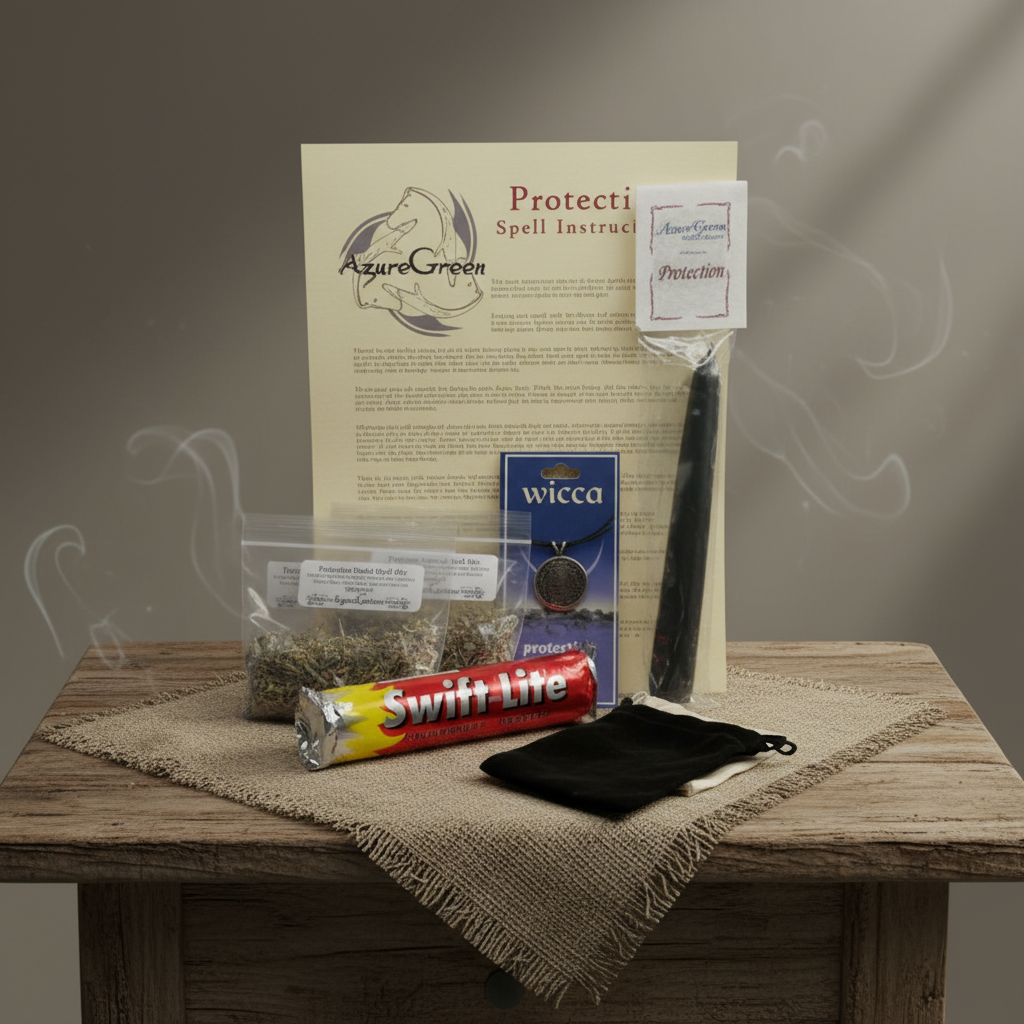 Create a highly detailed, cinematic scene featuring the Protection Ritual Kit by AzureGreen set, arranged on a rustic wooden altar with natural textured cloth beneath. Utilize HDR studio lighting with softboxes to cast a gentle, even glow that highlights t