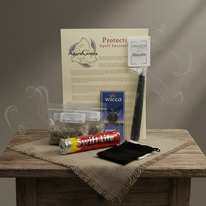 Create a highly detailed, cinematic scene featuring the Protection Ritual Kit by AzureGreen set, arranged on a rustic wooden altar with natural textured cloth beneath. Utilize HDR studio lighting with softboxes to cast a gentle, even glow that highlights t