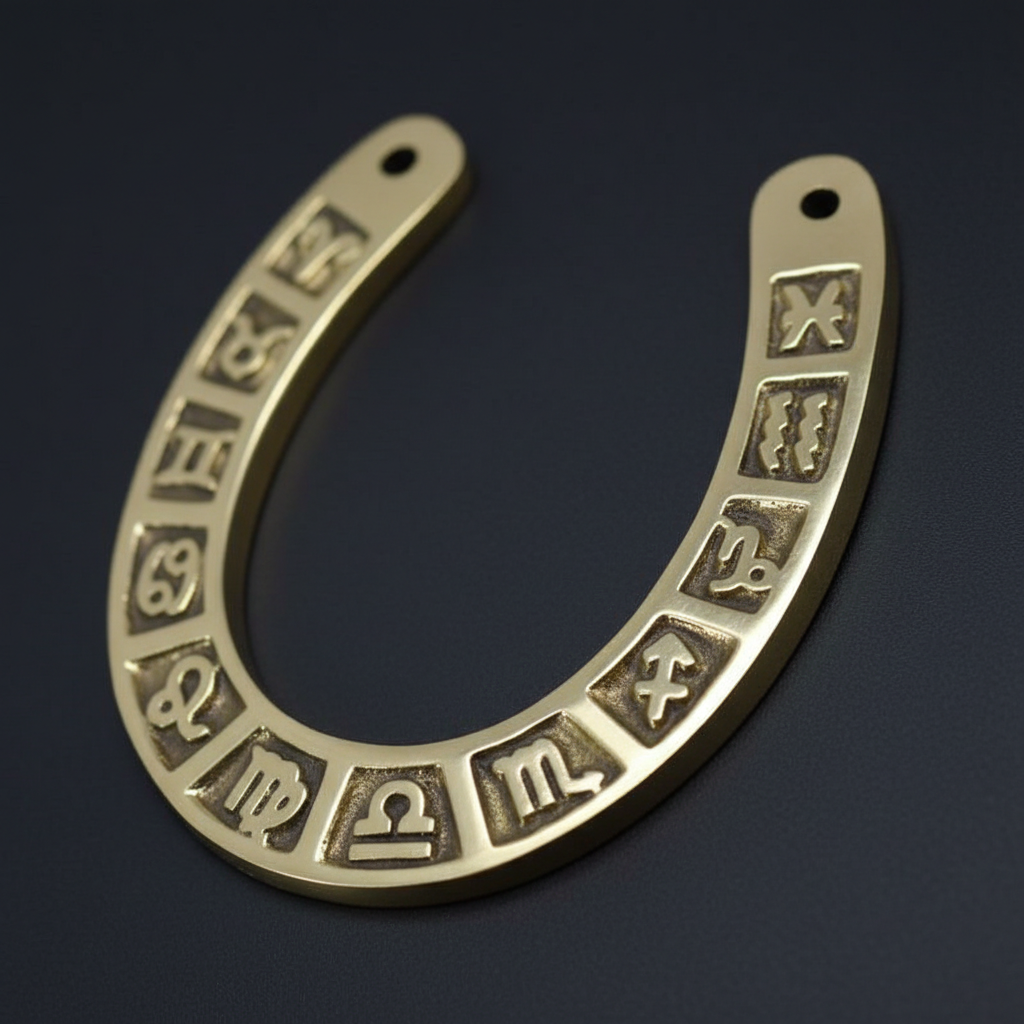 Capture a close-up, ultra-detailed shot of the Zodiac horseshoe, showcasing its intricate etchings of all twelve zodiac signs in a luxurious brass-tone finish. Use softbox lighting to create a warm, inviting glow that highlights the textured surface and fi