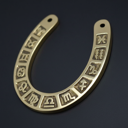 Capture a close-up, ultra-detailed shot of the Zodiac horseshoe, showcasing its intricate etchings of all twelve zodiac signs in a luxurious brass-tone finish. Use softbox lighting to create a warm, inviting glow that highlights the textured surface and fi