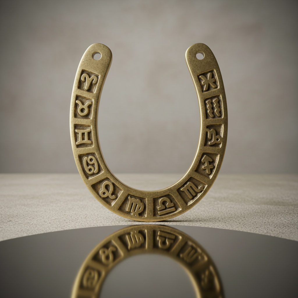 Display the Zodiac horseshoe in a refined, studio setting with a minimalist, softly lit background. Use diffused daylight balanced HDR studio lighting to evenly illuminate the piece, enhancing the metallic sheen and detailed etchings of the star signs. The