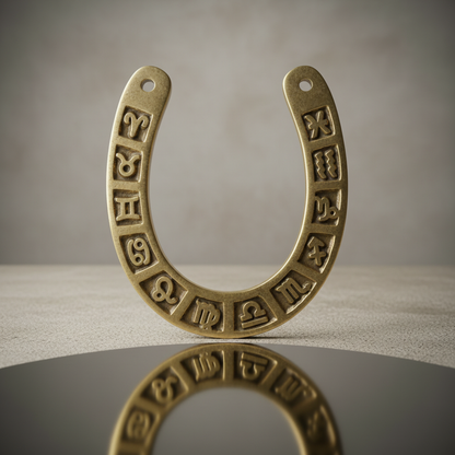 Display the Zodiac horseshoe in a refined, studio setting with a minimalist, softly lit background. Use diffused daylight balanced HDR studio lighting to evenly illuminate the piece, enhancing the metallic sheen and detailed etchings of the star signs. The