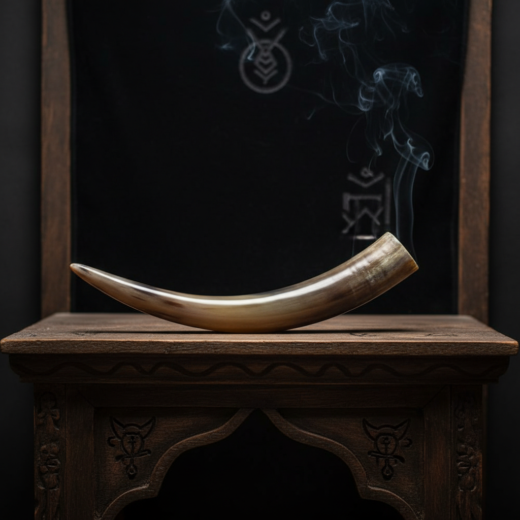 Capture a highly detailed image of a 12-foot polished cattle horn, positioned horizontally on an antique wooden altar within a dimly lit, mystical ritual space. The horn, with its glossy, smooth surface and natural curvature, is illuminated by soft, diffus