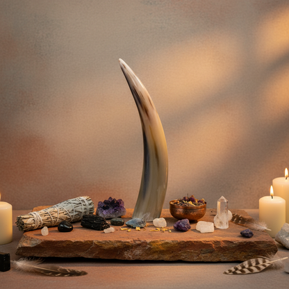 Create a vivid, cinematic composition showcasing a 12-foot polished cattle horn displayed vertically against a serene, earthy-toned background in a carefully styled altar setting. The horn’s lustrous surface gleams under softbox studio lighting, highlighti