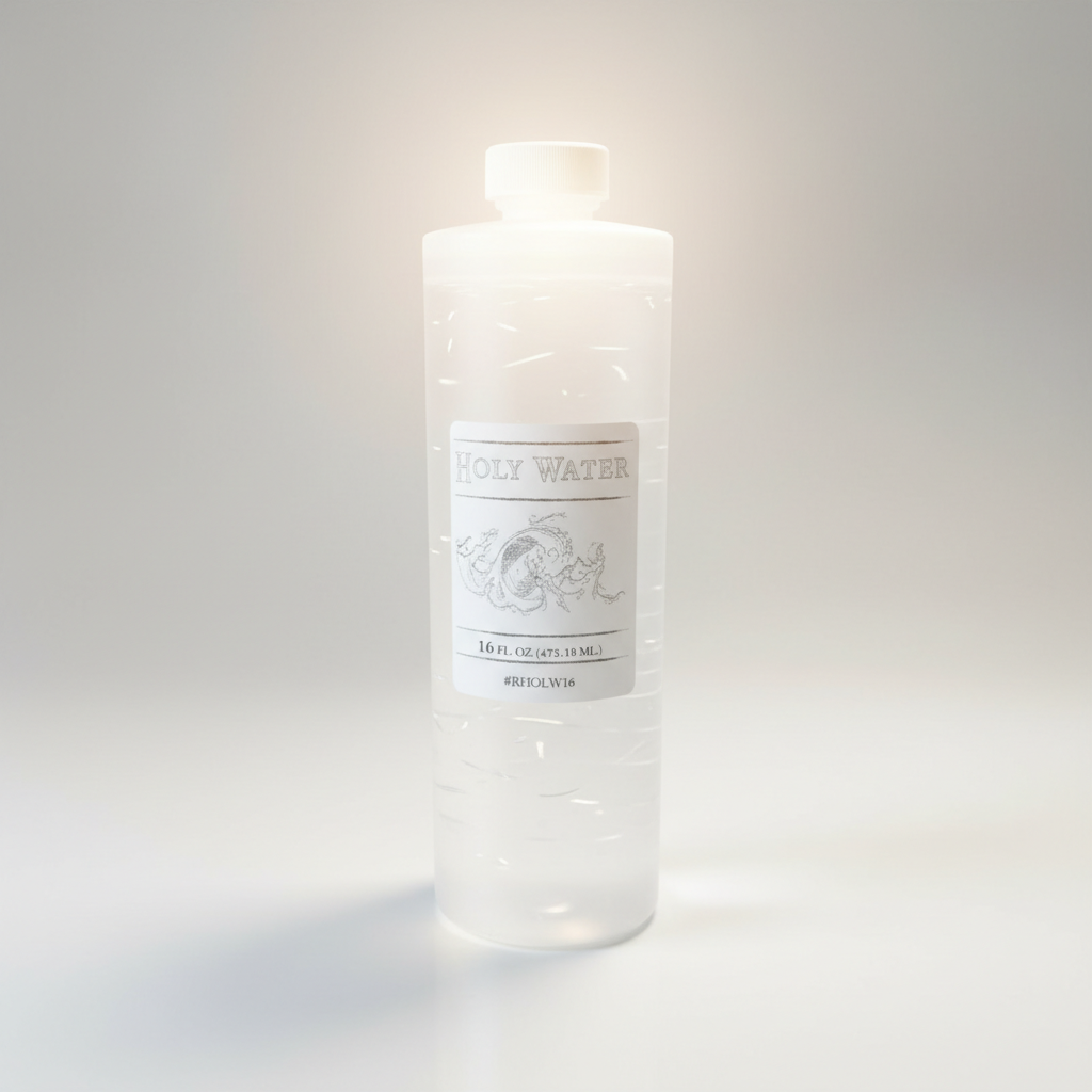 Create a pristine, high-resolution studio image of a 16-fluid-ounce bottle of blessed holy water, set against a softly blurred, neutral-toned background that emphasizes purity and serenity. Use HDR studio lighting with a diffused daylight source to highlig